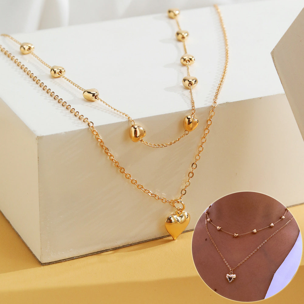 Double-layer Heart Pendant Fine Chain Necklace For Women Multilayer Gold Color Metal Necklaces Fashion Jewelry
