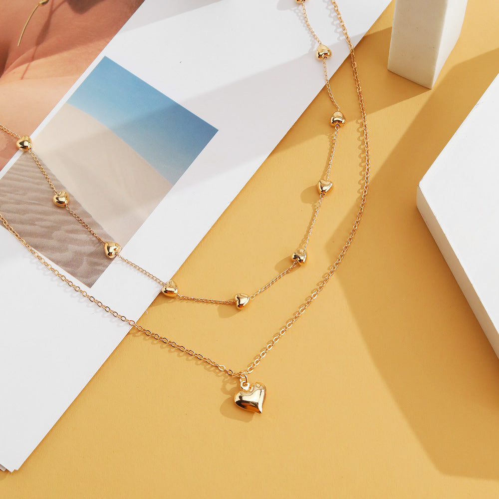 Double-layer Heart Pendant Fine Chain Necklace For Women Multilayer Gold Color Metal Necklaces Fashion Jewelry