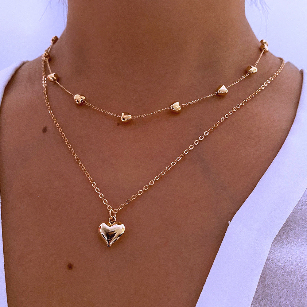 Double-layer Heart Pendant Fine Chain Necklace For Women Multilayer Gold Color Metal Necklaces Fashion Jewelry