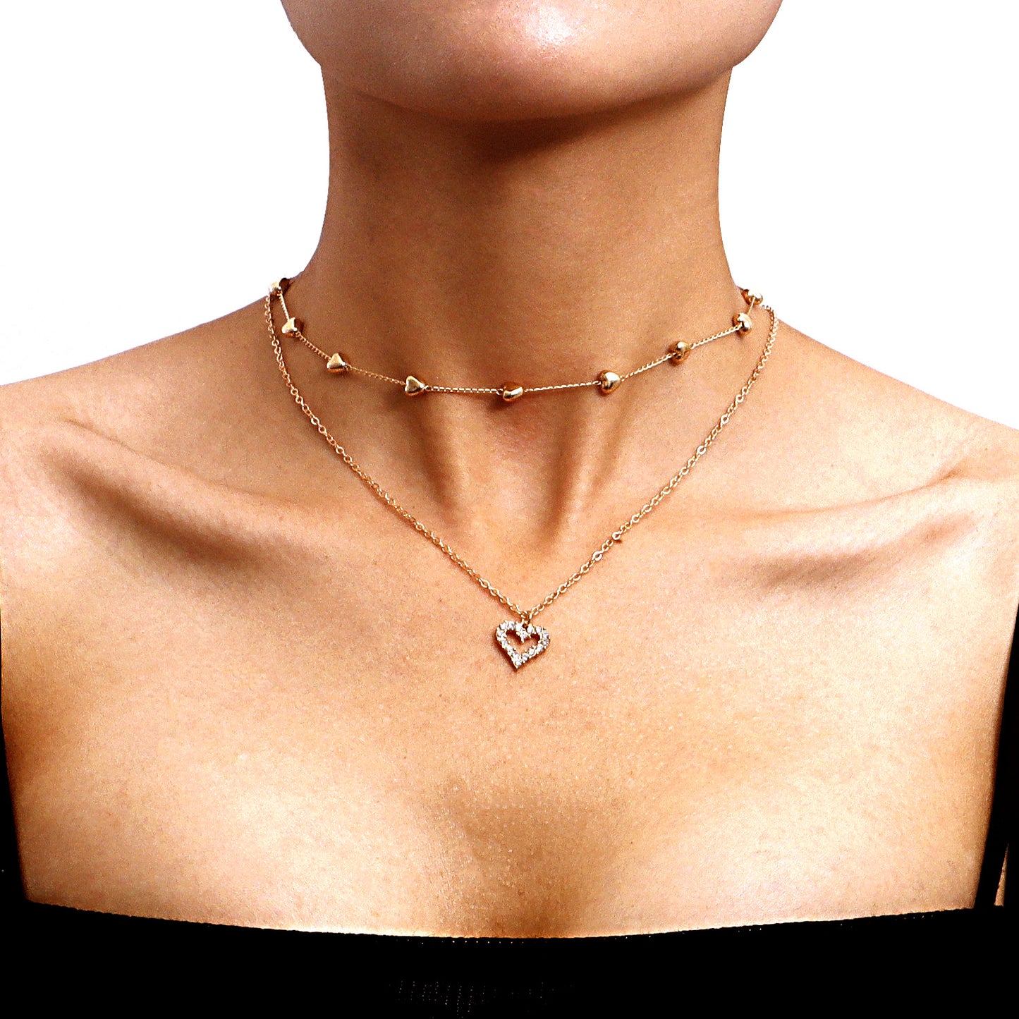 Double-layer Heart Pendant Fine Chain Necklace For Women Multilayer Gold Color Metal Necklaces Fashion Jewelry
